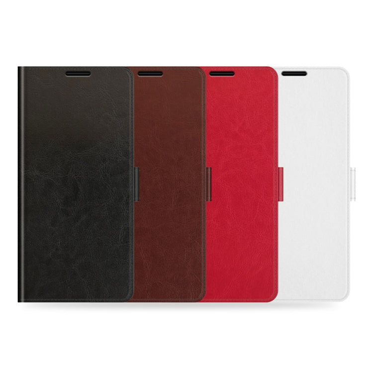 Flip wallet phone case in black, brown, red, and white with card slots and cover shell