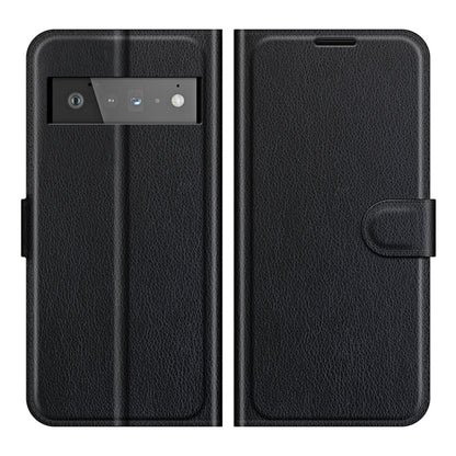 Black folio flip case with litchi-texture for Pixel 6 Pro, side wallet strap