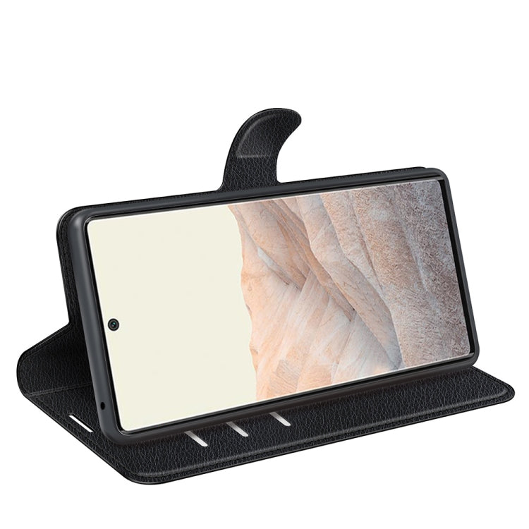 Black litchi-texture folio flip case for Pixel 6 Pro, kickstand viewing angle