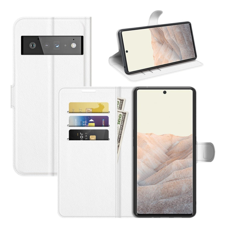 White litchi-texture flip protective case with card slots and stand for Pixel 6 Pro
