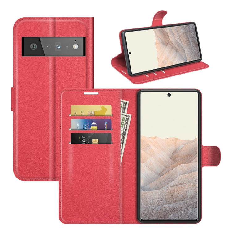 Red litchi-texture flip wallet case with card slots and stand for Pixel 6 Pro