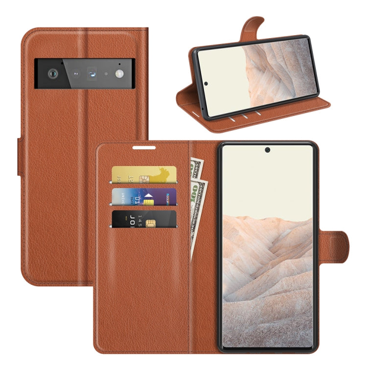 Brown litchi-texture flip protective case with card slots and phone stand for Pixel 6 Pro