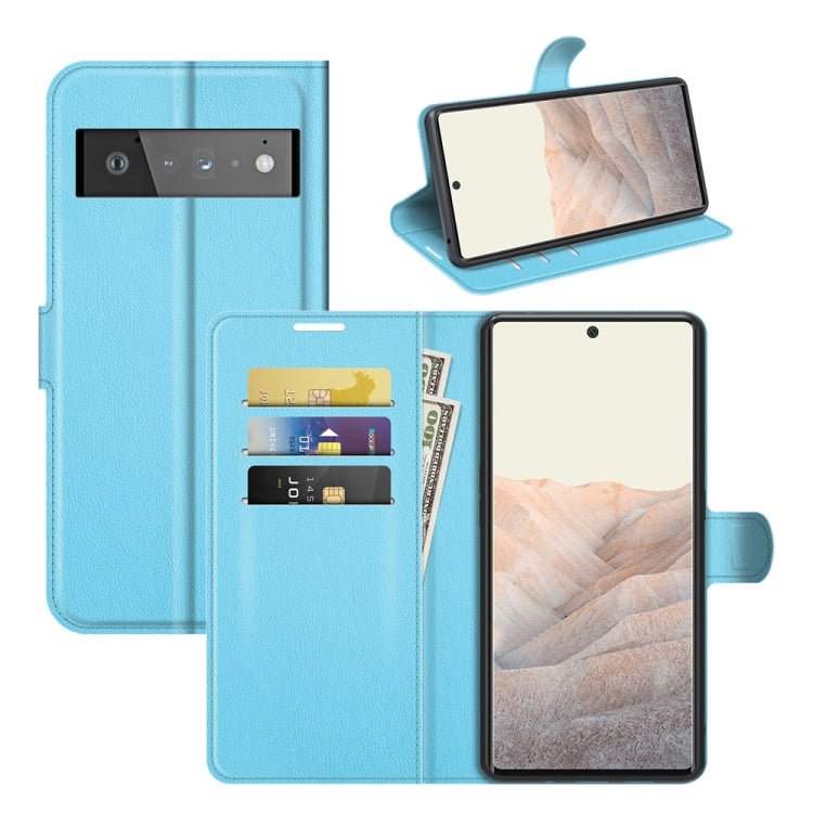 Blue litchi-texture flip wallet case with card slots and stand for Pixel 6 Pro