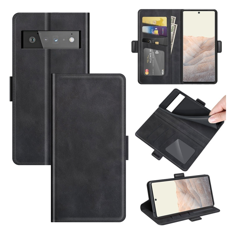 Black leather flip phone case with magnetic buckle, card slots, and wallet panel