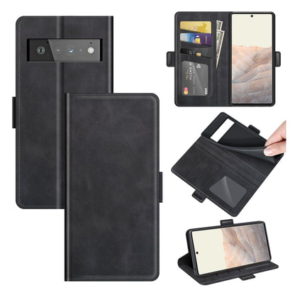 Black leather flip phone case with magnetic buckle, card slots, and wallet panel