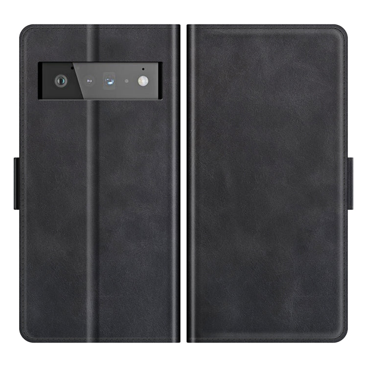 Black leather flip case front and back views with magnetic closure and card slots