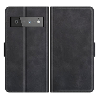 Black leather flip case front and back views with magnetic closure and card slots