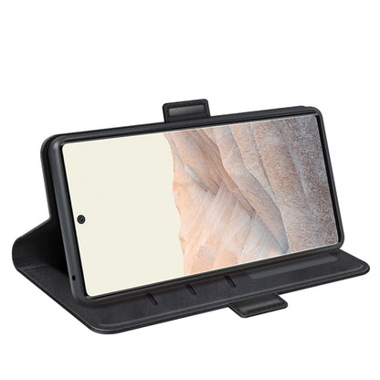 Black leather flip stand case with phone screen facing forward and wallet folded out