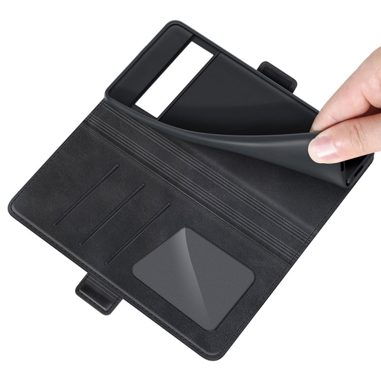 Black leather flip case interior with card slots and magnetic phone holder panel