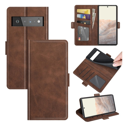 Brown leather flip phone case with magnetic buckle, card slots, and wallet panel