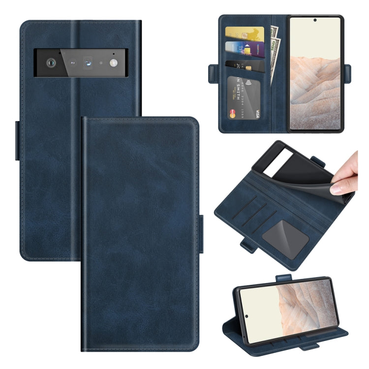 Dark blue leather flip phone case with magnetic buckle, card slots, and wallet panel