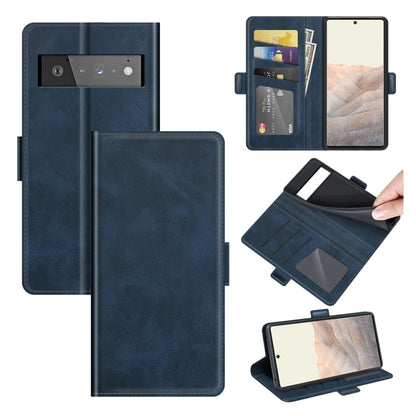 Dark blue leather flip phone case with magnetic buckle, card slots, and wallet panel