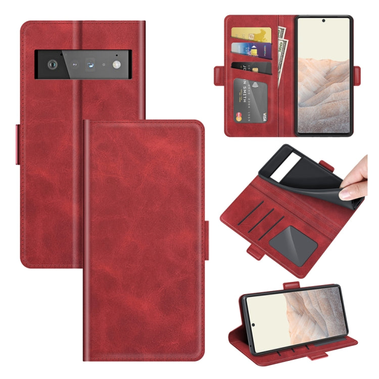 Red leather flip phone case with magnetic buckle, card slots, and wallet panel