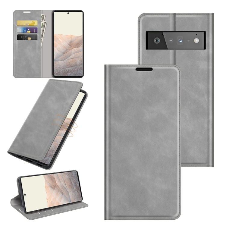 Grey leather-style magnetic wallet case for Google Pixel 6 Pro with card slots and stand