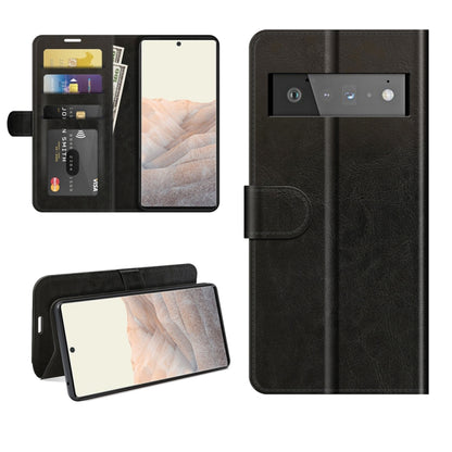 Black leather-look flip phone case with card slots and horizontal stand for Pixel 6 Pro