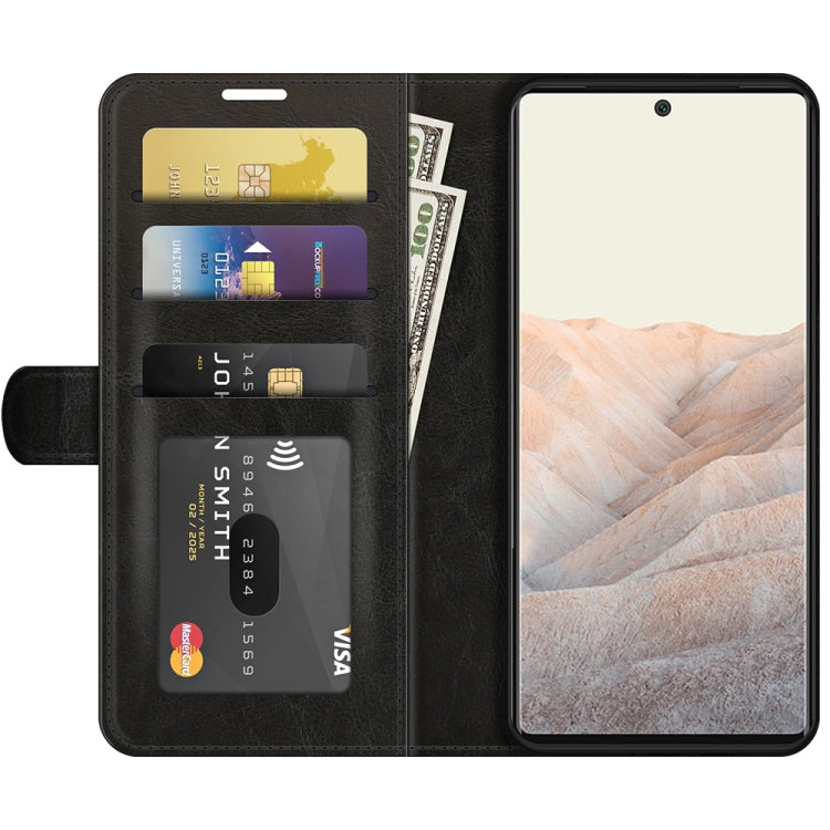 Black wallet-style flip case showing card slots and viewing window for Pixel 6 Pro