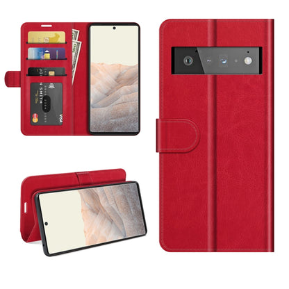 Red leather-look flip phone case with card slots and horizontal stand for Pixel 6 Pro