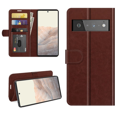 Brown leather-look flip phone case with card slots and horizontal stand for Pixel 6 Pro