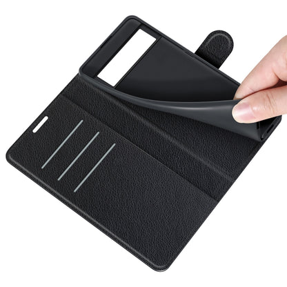 Black flip wallet case opening view with card slots and cutout for Google Pixel 6