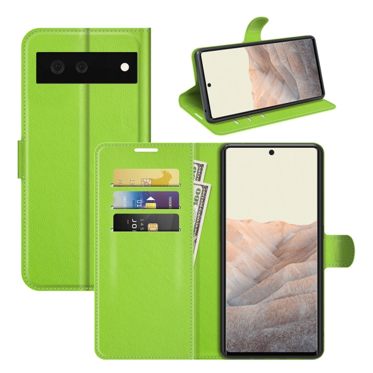 Green litchi-texture flip phone case for Google Pixel 6 with card slots and holder