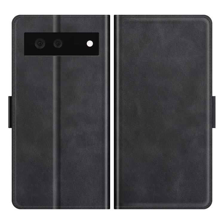 Black leather horizontal flip phone case, showing front and back panels