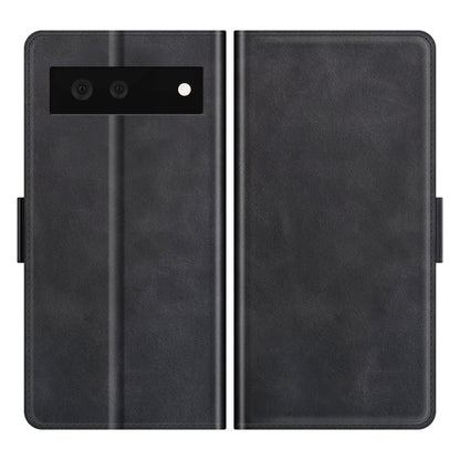 Black leather horizontal flip phone case, showing front and back panels