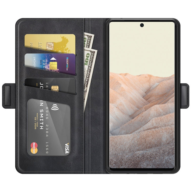 Black leather flip phone wallet case with card slots and folio flap open