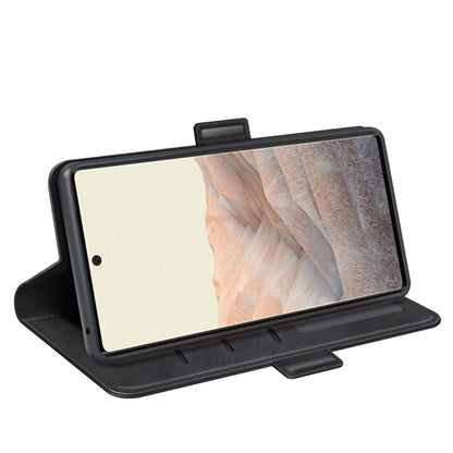 Black leather flip phone case folded as a stand for landscape viewing