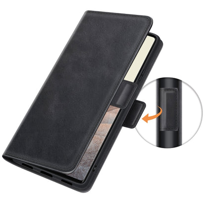 Black leather flip case with magnetic closure tab detail on the side
