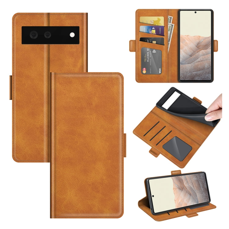 Brown leather flip phone case with magnetic buckle and card slots, wallet style