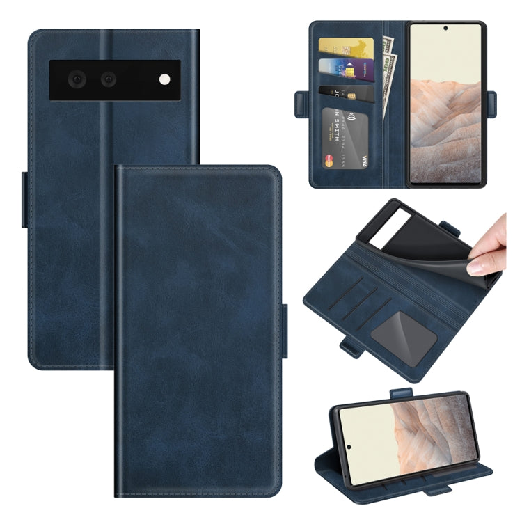 Dark blue leather flip phone case with magnetic buckle and card slots, wallet style