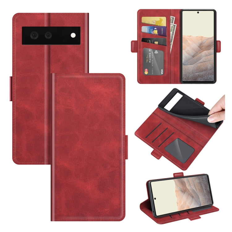 Red leather flip phone wallet case with magnetic buckle and card slots, open view