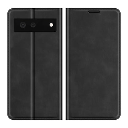Black leather wallet case with magnetic suction closure and card slots for Pixel 6