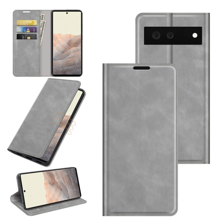 Grey leather magnetic suction phone case with card slots and wallet for Pixel 6