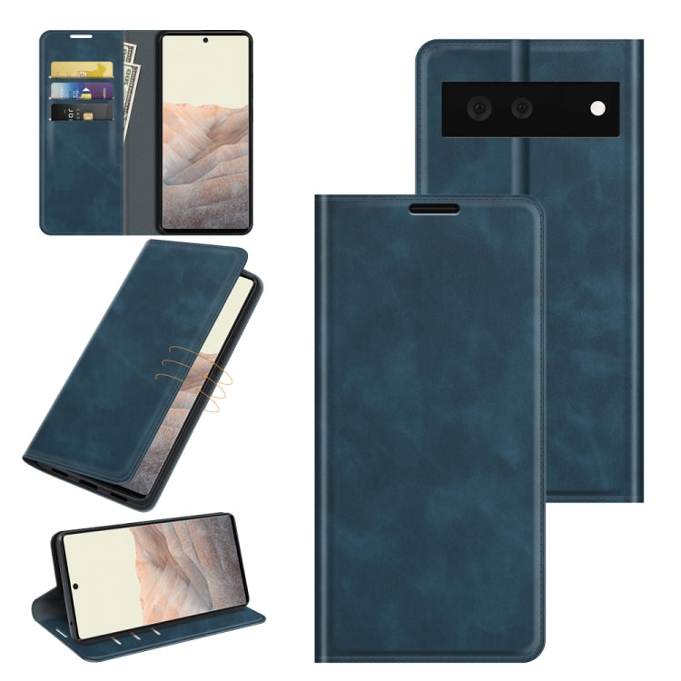 Dark blue magnetic suction leather phone case with card slots and wallet for Pixel 6