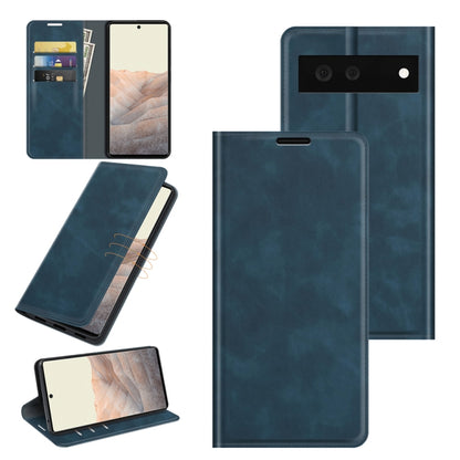 Dark blue magnetic suction leather phone case with card slots and wallet for Pixel 6