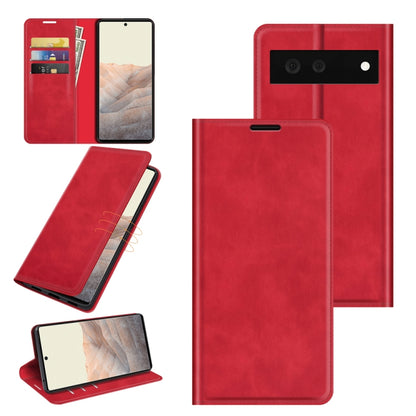 Red magnetic suction leather phone case with card slots and wallet for Pixel 6