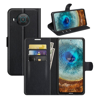 Black litchi texture flip wallet case with card holder and protective cover for Nokia phone