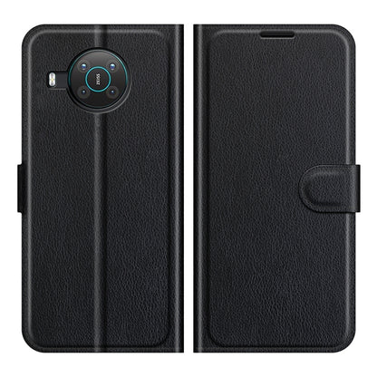 Black litchi flip wallet phone case with magnetic strap and card slot pocket