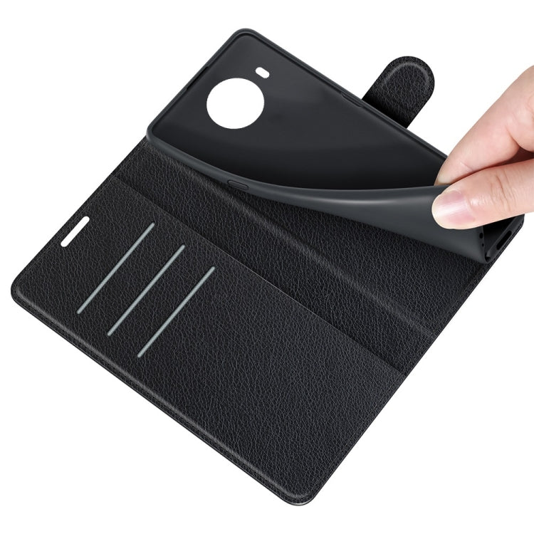 Black flip wallet case with cutout for camera and internal card slots