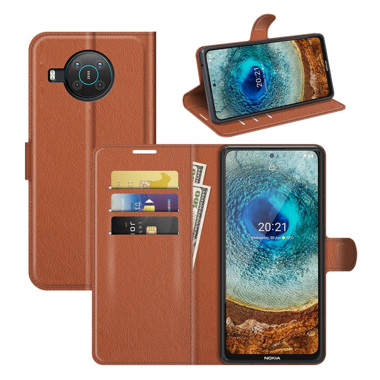 Brown litchi texture flip wallet case with card slots and holder for Nokia phone