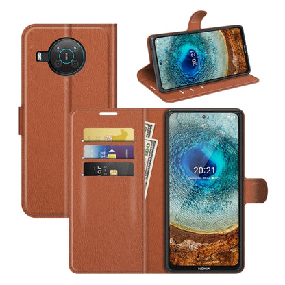Brown litchi texture flip wallet case with card slots and holder for Nokia phone
