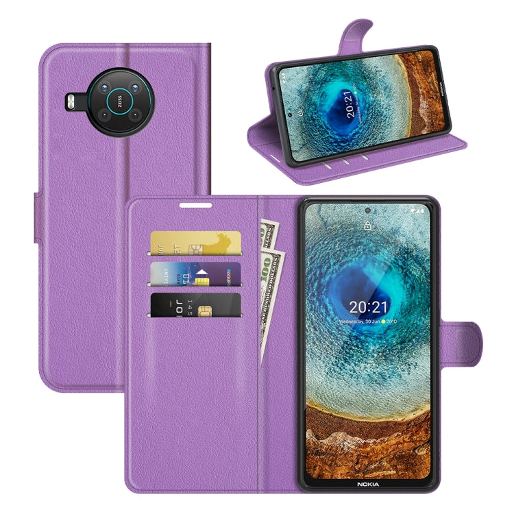 Purple litchi texture flip wallet case with card slots and holder for Nokia phone