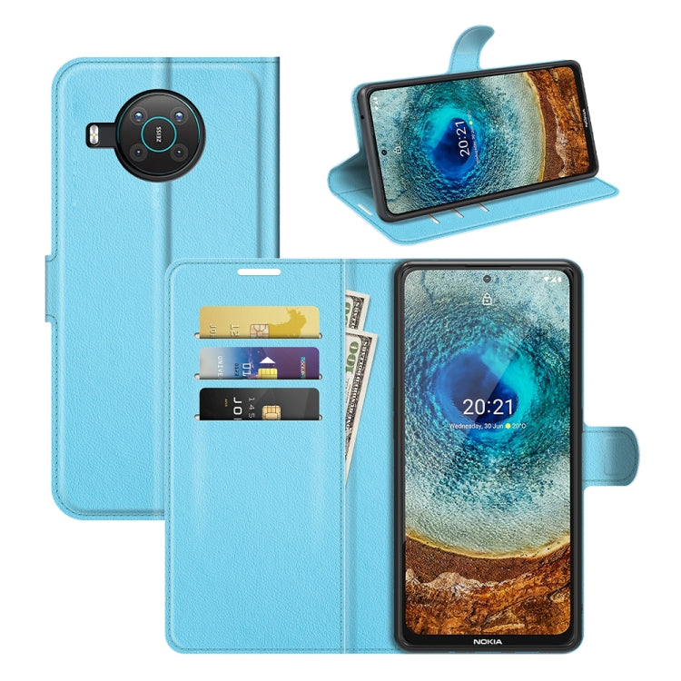 Light blue litchi texture flip wallet case with card slots and holder for Nokia phone