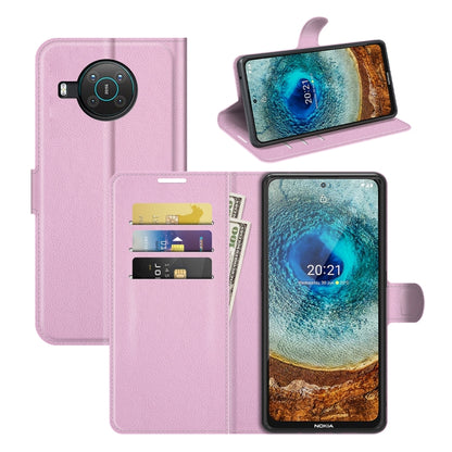 Pink litchi-texture flip phone wallet case with card slots and stand for Nokia X10/X20