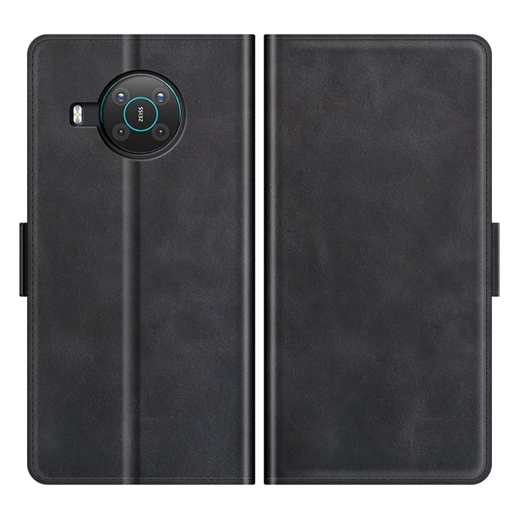 Black dual-fold wallet flip case with magnetic clasp and full back coverage