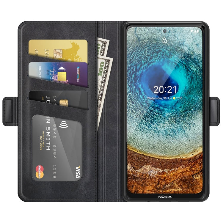 Black wallet flip phone case open to reveal card slots and secure side pockets