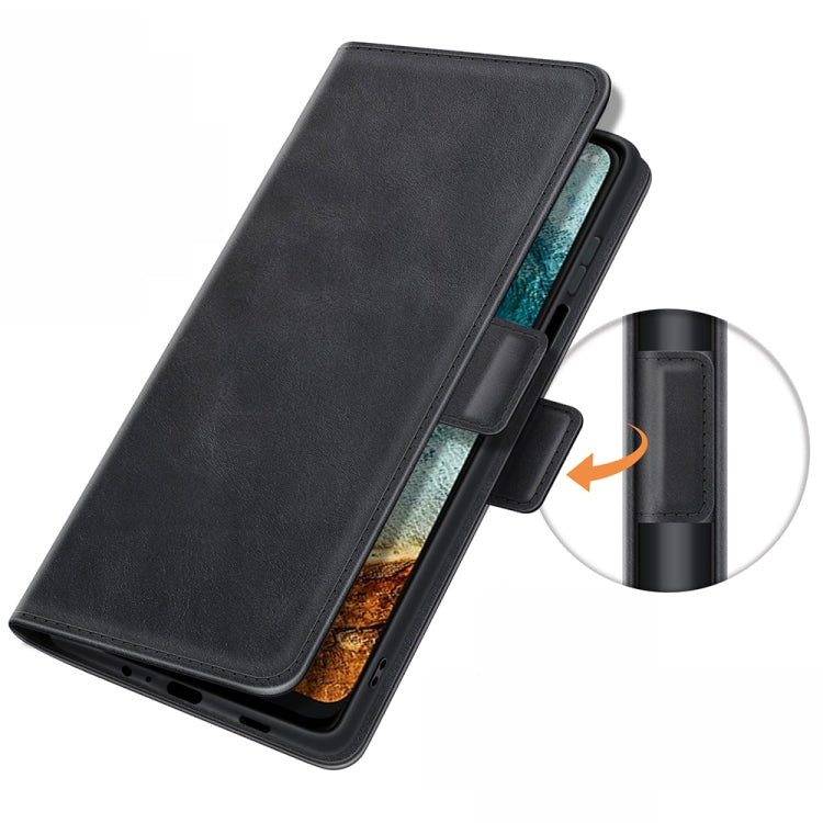 Black flip leather case with magnetic closure detail and side cutouts