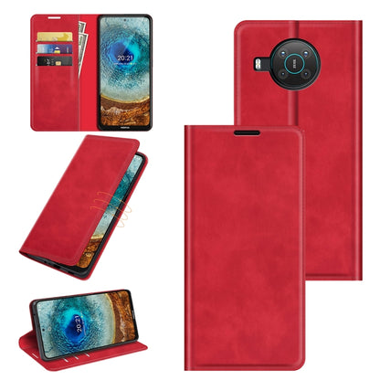 Red leather phone wallet case with card slots, magnetic closure, and built-in stand