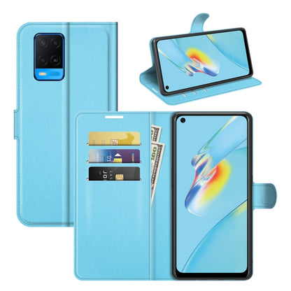 Light blue flip wallet phone case with card slots and stand holder